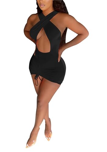 LROSEY Women's Sexy Club Bodycon Cut Out Criss Cross Halter Mini Party Dresses with Ruched Hem Black
