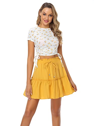 Wenseny Women’s Ruffed Tiered Skirts Elastic Waist Drawstring A-Line Skirt Yellow M #TOP1