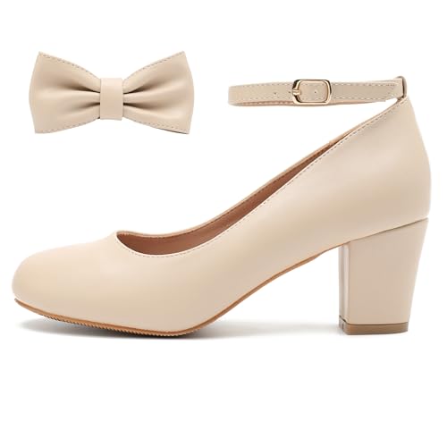 Peijely Women's Ankle Strap Pumps, Block Heel, Removable Bow, Closed Round Toe Matte Nude 43 - Insole Length: 26.5cm/10.43 inch - US 10 by Peijely - Used condition - Image 4