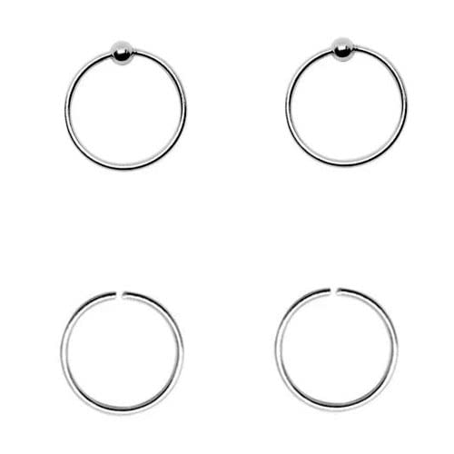 Tienda 4 aros nariz finos, plata de ley 925, 9mm diámetro interior, 0,6mm grosor, 2 aros lisos sin cierre mas 2 aros con bola de cierre.