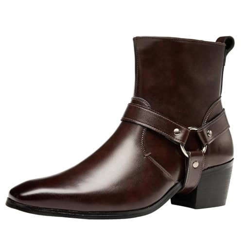 BEMNRVT Men's Harness Boot,Fashion Chelsea Cowboy Western Style Biker Boot Chunky Heel with Strap & Metal,Side Zipper for Casual Formal Chocolate Brown 11 US