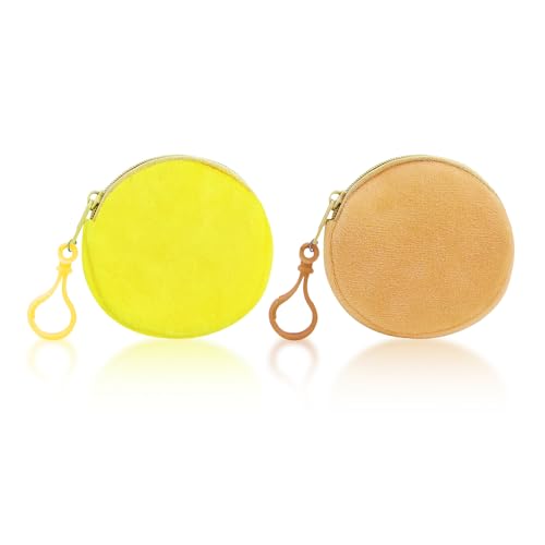AdiStylinno 2 Pcs Coin Purse, Fashion Soft Plush Round Coin Pouch, Portable Small Change Purse Cute Zip Wallet with Carabiner (Yellow & Khaki)
