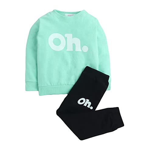 Image of Hopscotch Boys and Girls Cotton Text Print Sweatshirt and Jogger Set in Green Color