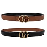 OXSLEN Women Reversible Leather Belt with Fashion G Gold Buckle for Dresses, Jeans, and Coats,width 1.1