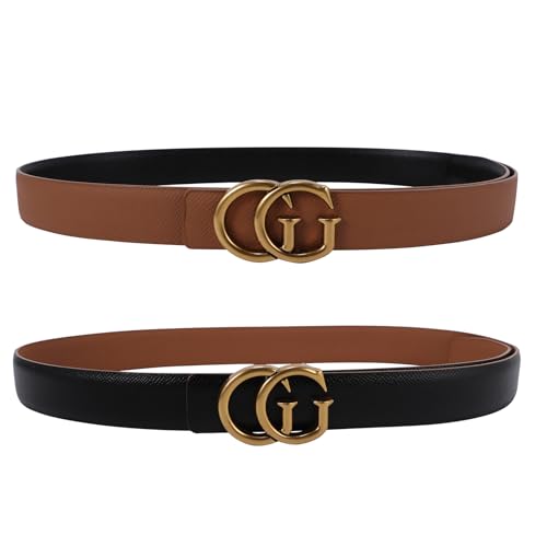 OXSLEN Women Reversible Leather Belt with Fashion G Gold Buckle for Dresses Jeans and Coats width 1.1 (100CM)