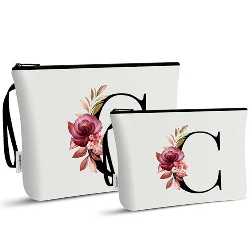 Vavabox A-Z Personalized Makeup Bag, Birthday Gifts for Women Mom, Gifts for Best Friend, Bride Bridesmaid Cosmetic bag (C, 03-White Set)