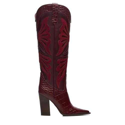 Butterfly Embroidery Womens Cowboy Boots Vintage Chunky Heel Wide Knee High Boots Pointed Toe Pull on Western Shoes2
