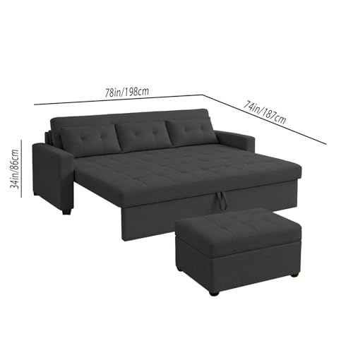 Image of Emilio 3 Seater with Ottomon Pull-Out Sofa Cum Bed (Black Color) Premium Fabric Sofa Set for Living Room | Bedroom