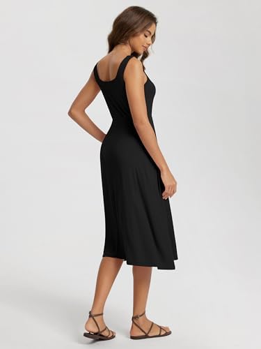 ODODOS Square Neck Midi Dress with Pockets for Women Summer Casual Sleeveless Sundress Flare Tank Dress, Black, Small