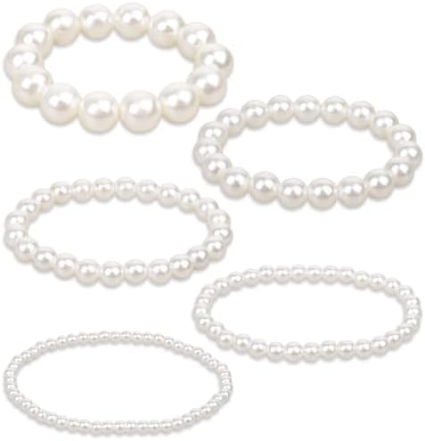 KALIONE 5 Pcs White Pearl Bracelets for Women, White Stretch Bridesmaid Pearl Bracelets Bridal Wedding Elastic Bracelets Stackable Faux Pearl Bracelets for Lady Pearl Beaded Bracelets