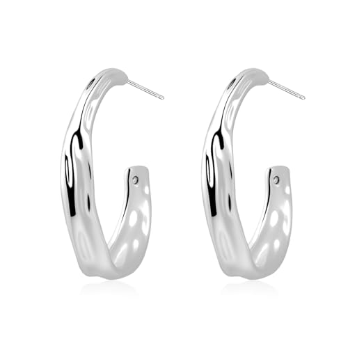 Image of Weviway 925 Sterling Silver Half Hoop Earrings for Women - Hypoallergenic Chunky Silver Stud Hoops Earrings, Elegant Piercing Jewellery Gift for Her