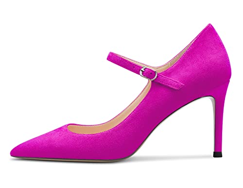HEUIVZAR Women Pumps Pointed Toe Mary Jane Stiletto Mid Low Heel Ankle Strap Dress Shoes Classic Suede 2 Inch