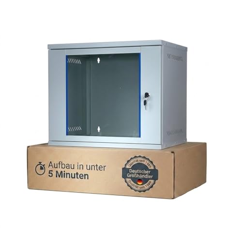 KOSCOM CONNECT Netzwerkschrank 19 Zoll 9 HE I 400 mm Tiefe I Serverschrank Grau I Wandmontage I abschließbare Glastür I unmontiert I 60 kg Traglast I 543 x 400 x 469 mm (Grau 9 HE)