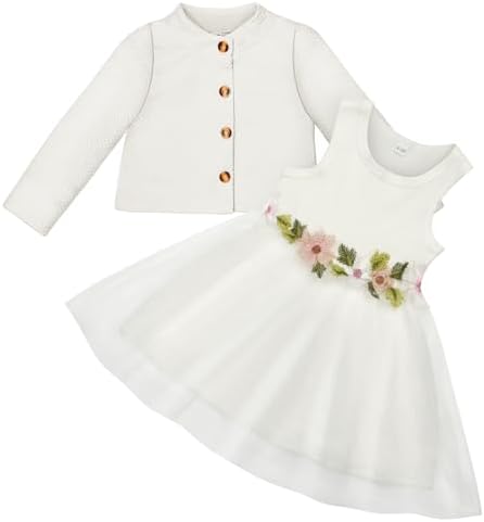 Vicloon Baby Mädchen Kleid mit Strickjacke Set, Baumwollkleid, Kleinkind Ärmellose Blumen Tüll Tutu Kleider und Langarm Waffel, 2 Stück ärmellosem Tüllkleid Outfit Set für Mädchen