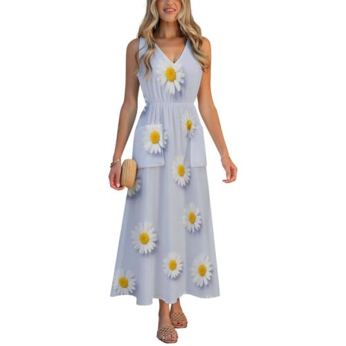 Sleeveless V Neck Long Dress Women, Daisy Flower Purple, Elegant Tank Dress with Pocket, Ideal for Home Lounge Shopping Travel and Daily Outing