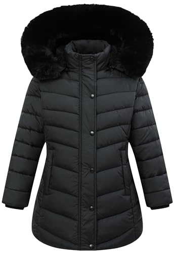 Girls Long Puffer Jacket with Faux Fur Hood,Winter Warm Down Coat for Kids Outerwear