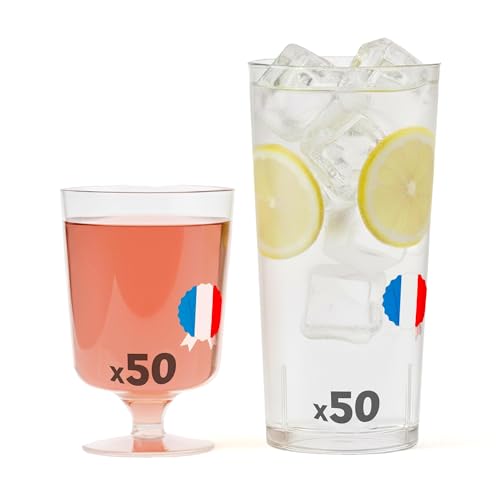 Table'Colors Pack de 100 Verres : 50 Verres a Vin 17cl + 50 Gobelets 20cl Tube - Pour Vin, Apéritif - Recyclables - Transparent, Fabriqué en France Matière...