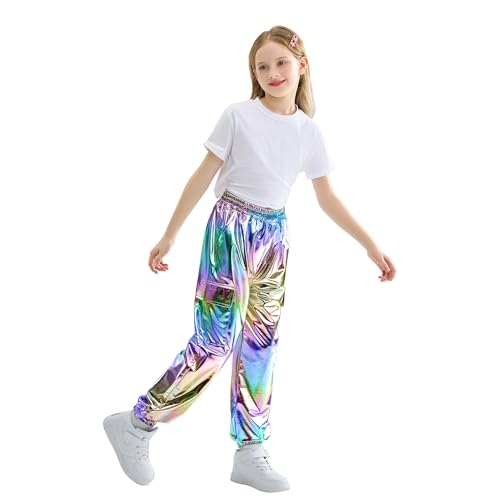 Image of Rolanko Girls Shiny Metallic Cargo Pants, Sparkle Jogger Pants for Girls Hip Hop Dance Streetwear Cargo Trousers 6-15 Years