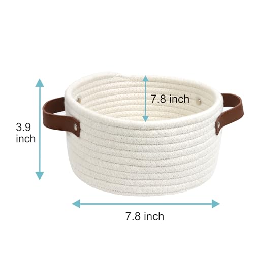 Image of Small Woven Basket, Cute Mini Cotton Rope Storage Basket with leather handle, Tiny Decorative Round Storage Bin, Boho Empty Gift Baskets for Organizing, Toy Organizer for Nursery (Narrow handle)