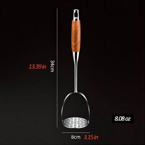 REDANT 13.5\" Stainless Steel Potato Masher with Wooden Handle - Heavy Duty Metal Masher for Mashed Potatoes, Avocado, Beans & Sweet Potato - Commercial & Home Kitchen Utensil (Dishwasher Safe)