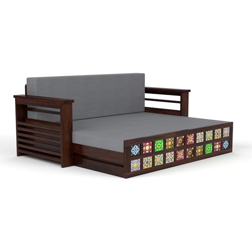 Image of Mamta Furniture Sheesham Wood Sofa Cum Bed with Storage Handcrafted Ceramic Tile Design Wooden Sofa Set for Living Room Bedroom 3 Seater Convertible Sofa Bed in Walnut Finish