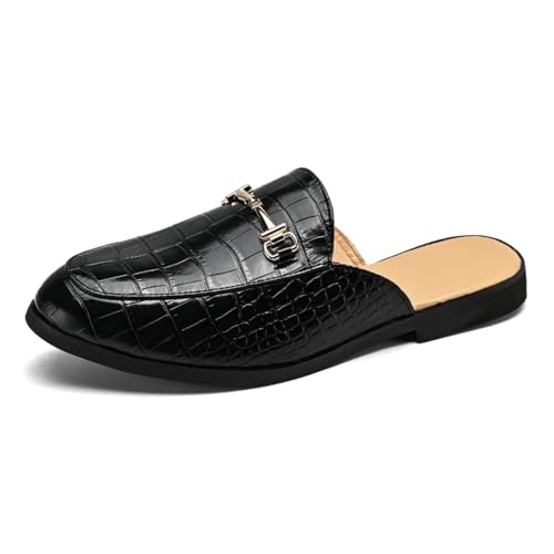 Mens Retro Stone Grain Leather Slip-On Backless Mule Horsebit Smoking Slippers Round Toe Non-Slip for Business Casual Dress Prom Party