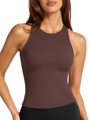 Image of LASLULU Womens High Neck Workout Tank Tops with Built in Bra Strappy Back | Low to Medium Impact,Longline Halter Neck Sports Bra,Fitted Compression,Padded Athletic Yoga Running Gym Pilates Tank Tops