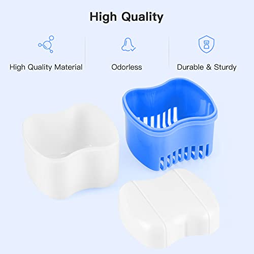 Annhua Partial Denture Case Retainer Cleaner Case, Large Retainer Cleaning Case with Strainer, ABS Travel Denture Cups for Soaking Dentures and False Teeth - Blue - Thumbnail 2
