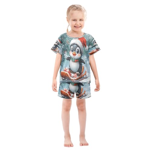 ALAZA Christmas Penguin Bird Snowflake Winter Pajamas Set Short Sleeve Cotton Sleepwear Summer Pjs 2 Piece 5-14Y3