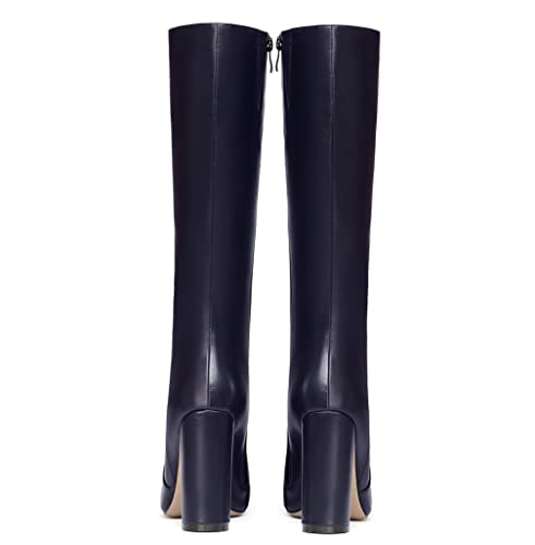 WAYDERNS Women's Matte Leather Thick Pointed Toe Zip Block High Heel Knee High Boots 4 Inch4