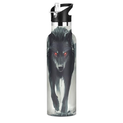 Red Eyes Black Wolf Water Bottles for Boys Kids Stainless Steel Thermos Bottle Cups with Straw Lid Leakproof Insulated Flask Jug 20 oz