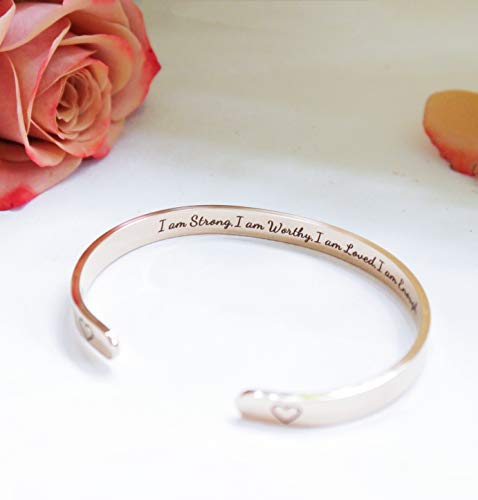 Renyilin Rose Gold Cuff Bangle Bracelet Stainless Steel Inspiring Jewelry For Women And Girls (I Am Strong,I Am Worthy,I Am Loved,I Am Enough) #TOP2