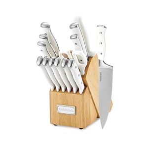 Cuisinart 15-Piece Knife Set with Block, High Carbon Stainless Steel, Forged Triple Rivet, White, C77WTR-15P
