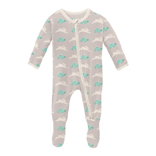 KicKee Print Footie with Zipper, Fitted Long Sleeve Pajamas, Ultra Soft Everyday One-Piece Loungewear, Spring Stories (Latte Tortoise and Hare - 3-6 Months)