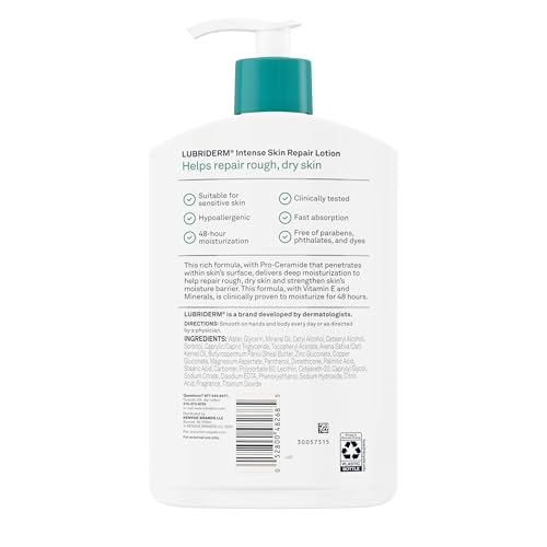 Kenvue Brands LLC Lubriderm Intense Skin Repair Moisturizing Hand & Body Lotion + Pro-Ceramide, 48-Hour Hydration for Rough, Dry, & Sensitive Skin, Non-Greasy, Hypoallergenic, Lightly Scented, 16 fl. oz
