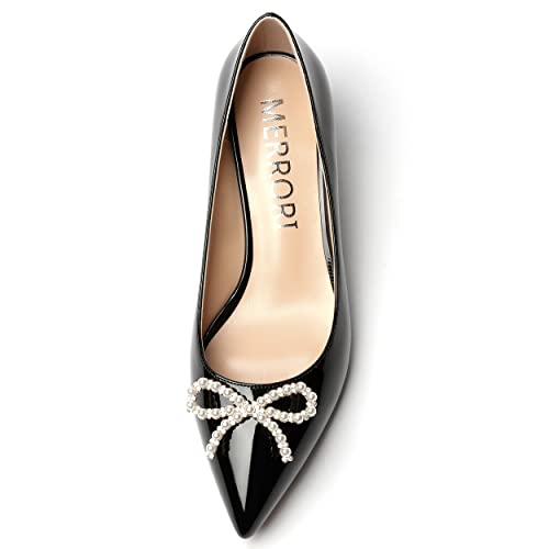 MERRORI Women's Patent Pointed Toe Block Solid Pearl Bow Slip On Block Low Heel Pumps Shoes 2 Inch3