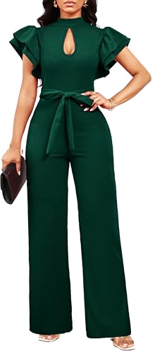 SxClub Green Jumpsuits for Women Dressy High Neck Ruffles Long Pants Romper