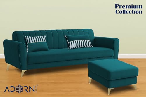 Image of Adorn India Premium Luster 4 Seater L Shape Sofa Set | Velvet Suede Fabric | 3-Year Warranty | Color Ocean Blue with Golden Legs & Striped Pattern Cushion
