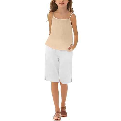 Girls 2-Piece Cotton Linen Suit Kids Halter Set Top Beach Shorts Teen Summer Elastic Waist Casual Loose Fashion Clothes(Khaki, 7-8 Years)