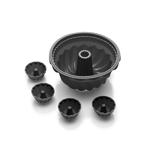 Coolinato - Silikon Backform 5er Set für Gugelhupf Kuchen Grau - Guglhupf Silikonformen 1x 24cm & 4x 8cm zum Backen - Kuchenform Platinsilikon backofenfest bis 230°C & antihaft inkl. tollen 4 Rezepten