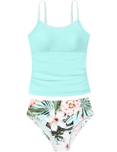Image of Girls Swimsuit Solid Color Tankini Contrast Trim Swimwear 2 Piece Bathing Suit Padded Swimsuits for Teens 9-16Y
