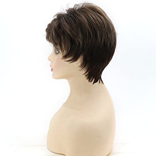 Renershow Short Ombre Brown Highlight Pixie Cut Wigs For White Women Heat Synthetic Side Part Wig With Bangs Dark Brown Mixed Blonde Layer Natural Short Hairstyles For Women #TOP6