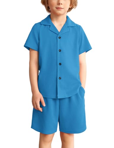 Image of Arshiner Toddler Boys 2 Piece Summer Outfits Waffle Knit Short Sleeve Button Down Shirt & Casual Shorts Sets Size 2-7