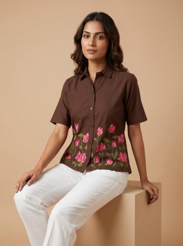 Image of Stylish Women's Embroidered Shirts | Geometric Pattern Half Sleeve Collared Button-Up Casual Shirt for Women
