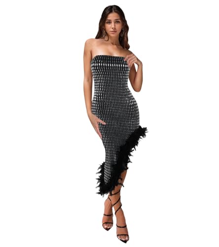 PORRCEY Women's Hot Drilling Craft Sexy Long Sleeve Mesh See Through Party Club Night Rhinestone Dress
