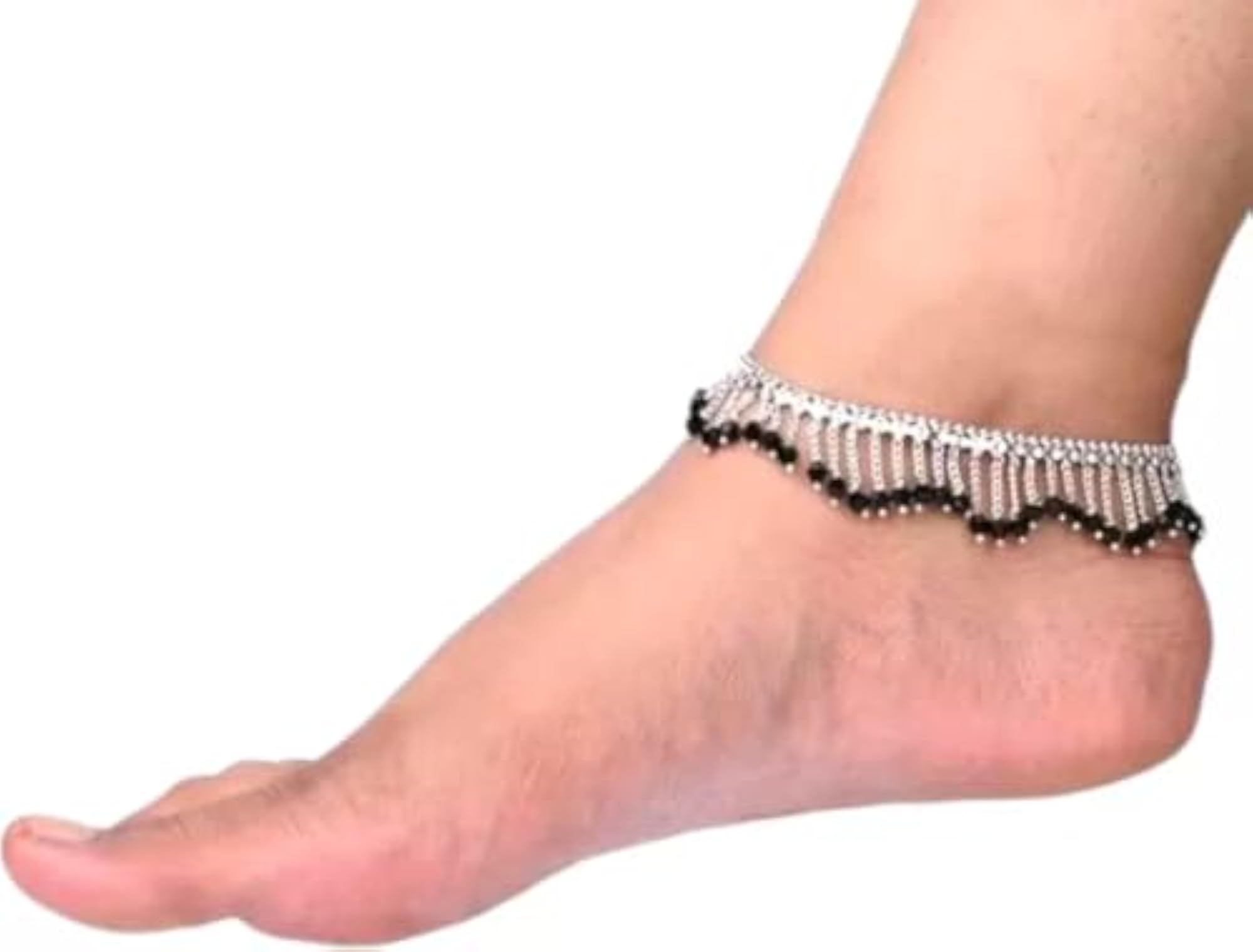 Set of 2 Silver Tone Anklets with Black Crystal Beads