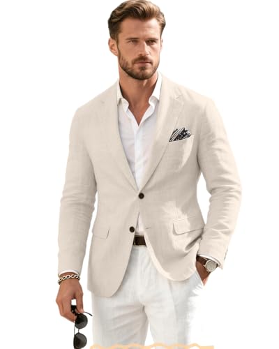 Linen Men Suit Jacket Blazer Vintage Casual Beach Slim Fit Sport Coats Blazers Summer Two Button Prom Party Mens Tux Linen Jackets Beige XXL