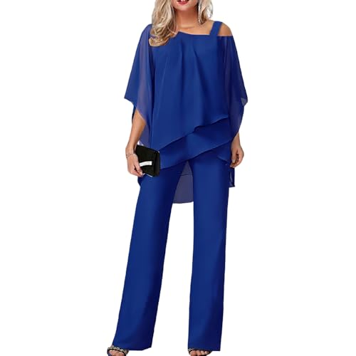 Women's Casual 2 Piece Outfits Dressy Pant Suits for a Wedding Fall Trendy Irregular Chiffon Wide Leg Pant Sets