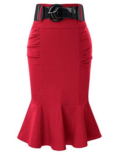 Women Vintage Skirt Elastic Waist Stretch Bodycon Midi Pencil Skirt 1950s Skirts Red S