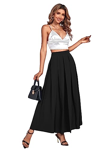 Opoipin Women's Casual Pleated High Waist Solid Flowy A Line Long Maxi Skirt Black X-Large #TOP4